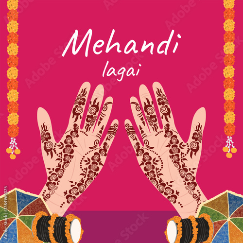 Mehandi Lagai favour cards or welcome board with mehandi hands dhool and umbrellas