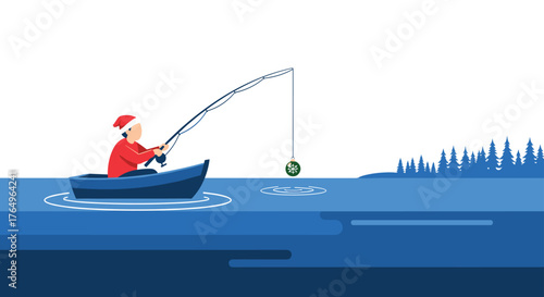 Whimsical fisherman wearing a Santa hat casts his line hoping to catch a festive Christmas ornament in a serene, wintery lake scene