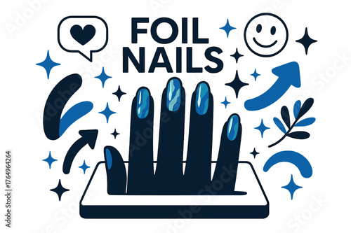 Foil Nail Artistry. Foil nails. Display of metallic foil nails on manicure table with abstract floating icons, sparkles, and arrows; conveys nail fashion,