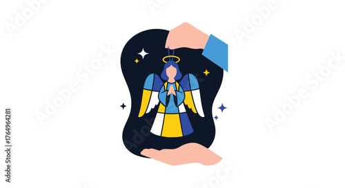 Symbol of hope and protection, an angelic figure adorned in Ukraine's national colors is tenderly held between two caring hands, radiating peace and resilience.