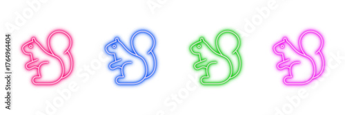 Neon glowing squirrel vector icons set, animals, wildlife, rodents, cute, vibrant, colorful digital design illustration on transparent background.