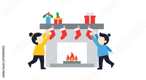 Joyful children excitedly hang Christmas stockings by a cozy fireplace adorned with gifts and holly, anticipating holiday magic and festive cheer for seasonal celebrations