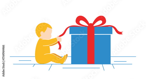 Curious baby in yellow pajamas eagerly pulls ribbon on a large blue gift box tied with red bow, symbolizing anticipation and joyous discovery of presents