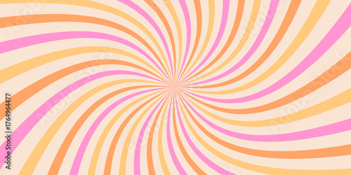 Retro swirl pattern. Vector groovy textured background. Spiral groovy sunburst radial backdrop. Vintage psychedelic wavy pink and orange vortex. Funky striped summer poster