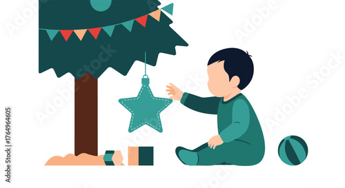 Adorable baby reaching for festive Christmas tree ornament, sparking holiday wonder and innocent joy in a playful seasonal scene