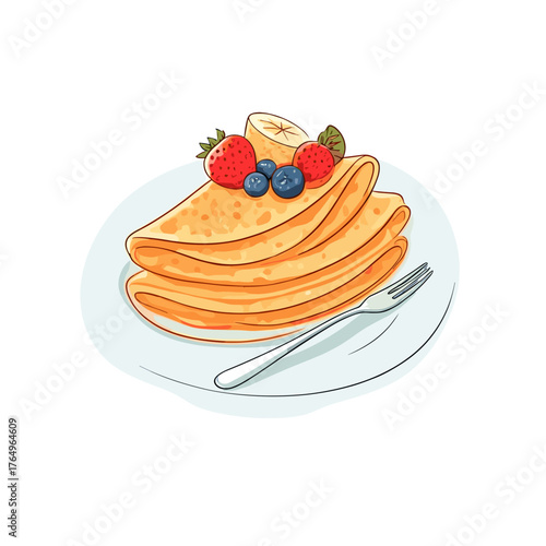 Stack of pancakes with strawberries, blueberries, and banana on plate  