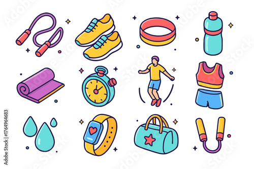 Exercise Icon Set. Exercise routine. Colorful isometric vector icons set of exercise routine: skipping rope, sneakers, sweatband, water bottle, gym mat,