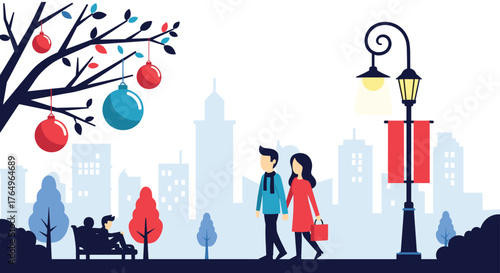 Charming couple strolls through a festive city park adorned with holiday ornaments, enjoying a vibrant urban winter scene with silhouettes of buildings and a classic street lamp.