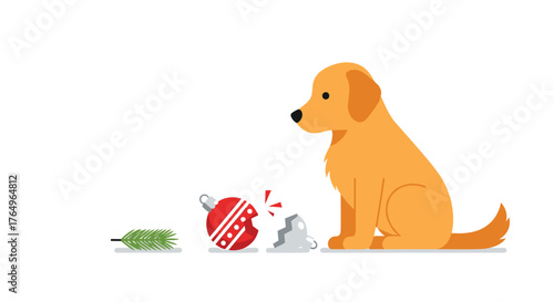 Playful golden retriever puppy curiously observes a broken Christmas ornament with a festive pine sprig nearby, evoking holiday mischief and pet owner relatable moments