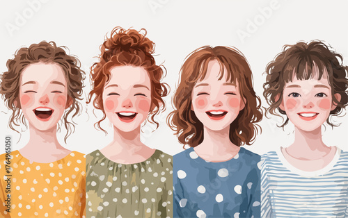Quatro mulheres sorrindo alegremente, celebrando a amizade e a felicidade, em um fundo branco, ilustrando a diversidade.