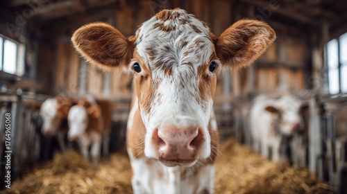 Close-up of a curious calf in a rustic barn setting, gazing directly at the camera.