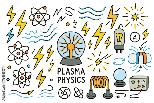 Colorful Plasma Globe. Plasma physics. Hand-drawn doodle illustration plasma globe (colored), electric arcs (colored), neon glow (colored), lightning bolts