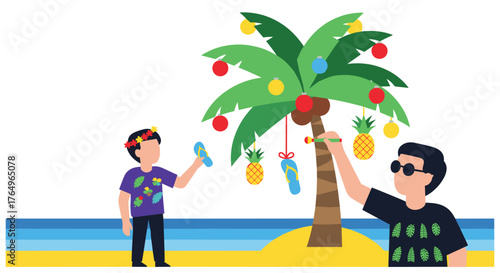 Joyful summer friends decorate a tropical palm tree with pineapples and flip flops on a sunny beach, creating a unique holiday vibe.