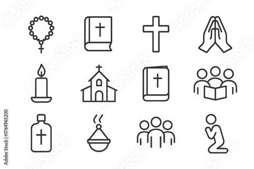 Faith Gathering Icons. Faith gathering. Line icon set of faith gathering: rosary, Bible, cross, praying hands, candle, church, prayer book, choir, holy water,