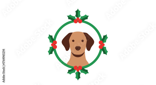 Adorable cartoon dog peeking through festive holly wreath, radiating holiday cheer and seasonal joy for heartwarming winter celebrations and pet-themed designs