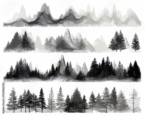 Ilustração em aquarela de paisagens montanhosas e florestas de pinheiros, criando uma atmosfera serena e natural.