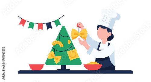 Creative chef decorates festive tree with delicious pasta ornaments, celebrating culinary holiday joy and unique food traditions in a vibrant, playful scene