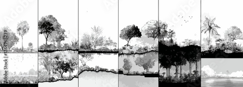 Cenas em preto e branco de árvores e reflexos na água, com uma estética minimalista, evocando tranquilidade e serenidade na natureza.