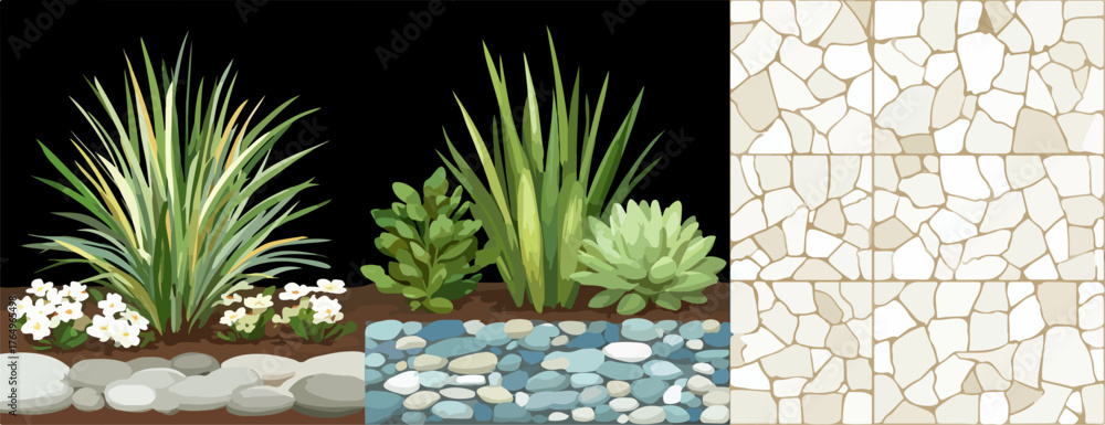 Uma composição artística de plantas exuberantes e pedras decorativas, criando uma cena natural e harmoniosa com um fundo escuro.