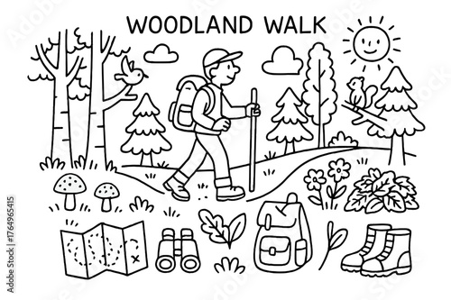 Woodland Walk Doodle. Woodland Walk. Hand-drawn doodle illustration Woodland Walk hiker, forest trail, trees, backpack, walking stick, mushrooms, flowers,