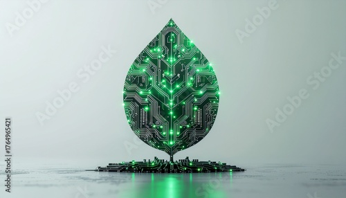 3D render of glowing green leaf formed from electronic circuit lines. Concept of sustainable innovation, eco-friendly technology, and future digital growth.