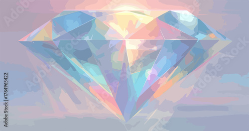 A ilustração digital de um diamante facetado e brilhante, com um efeito de luz e cores vibrantes, representa luxo e beleza.