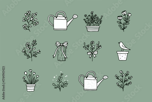 Conjunto de ilustrações vetoriais desenhadas à mão com elementos de jardinagem e flores em um fundo verde pastel, ideal para design.