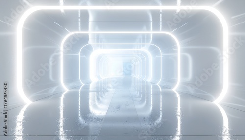 Bright futuristic white tunnel with glowing neon lights and reflective floor. Minimalist sci-fi corridor background in modern clean 3D style for technology or innovation themes.