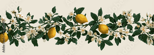 Ilustração floral vintage com limões amarelos maduros, flores brancas delicadas e folhas verdes exuberantes, em um fundo neutro.