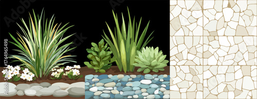 Uma composição artística de plantas exuberantes e pedras decorativas, criando uma cena natural e harmoniosa com um fundo escuro.