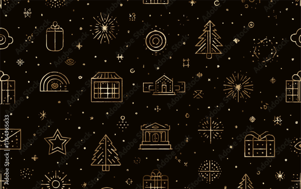 Ilustração vetorial de um padrão sem costura de Natal com elementos dourados em um fundo preto, ideal para design festivo.