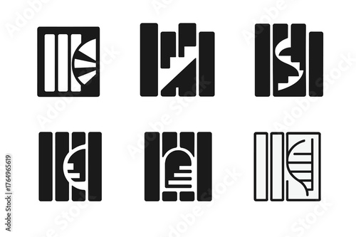 Secret Staircase Logo Designs. Secret staircase. Set Logo of Secret staircase: spiral steps behind bookshelf. harmonious logo variations of the same emblematic
