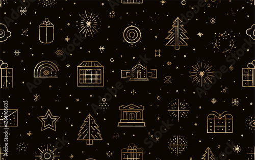 Ilustração vetorial de um padrão sem costura de Natal com elementos dourados em um fundo preto, ideal para design festivo.