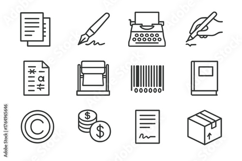 Publishing Icon Set. Publishing. Line icon set of Publishing: manuscript pages, fountain pen signature, typewriter, editor red pen, proof marks sheet, printing