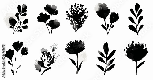 Conjunto de ilustrações de flores e folhas em aquarela, com design minimalista em tons de preto e branco, ideal para diversos projetos.