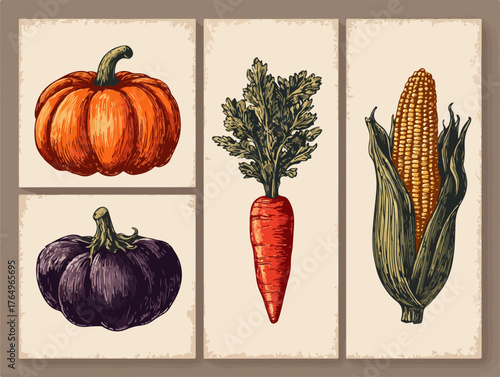 Ilustração vintage de abóbora berinjela cenoura e milho em estilo gravura com cores vibrantes e detalhes ricos para projetos culinários e decorativos.