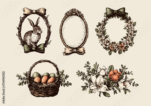 Ilustração vintage de elementos de Páscoa, incluindo um coelho, molduras decorativas, cesta com ovos e arranjos florais, com detalhes em aquarela.