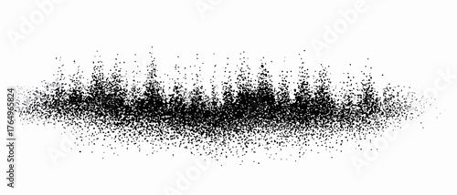 Representação artística de uma floresta escura e nebulosa, criada com pontos pretos sobre um fundo branco, evocando mistério.