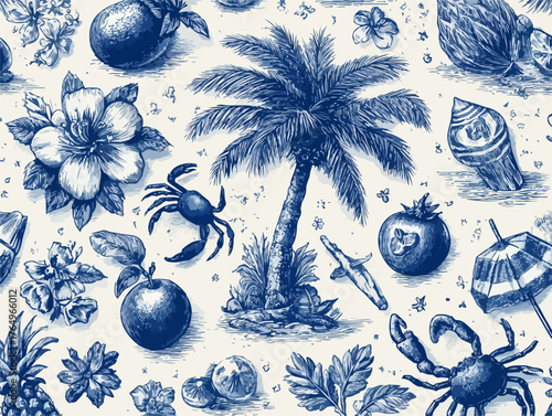 Ilustração vintage em azul com elementos tropicais, como palmeiras, flores, frutas e animais marinhos, criando um padrão decorativo.