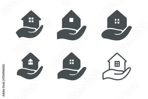 Caring Hand Emblems. Assisted living support. Set Logo of Assisted living support: caring hand cradling home. harmonious logo variations of the same emblematic