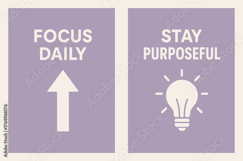 Focus and Purposeful Banners. Focus daily. Two vertical A6 banners with safe margins, centered composition, no elements touching edges, minimal, lavender and