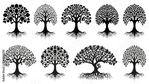 Collection of stylized trees with visible roots on a black background