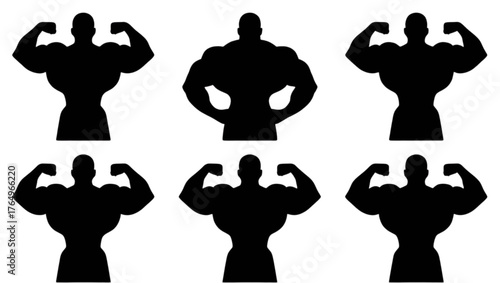 Silhouettes of muscular bodybuilders posing in a grid layout