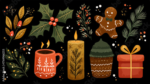 Ilustração vetorial festiva com elementos natalinos, incluindo azevinho, biscoito de gengibre, vela e presentes, em fundo escuro.