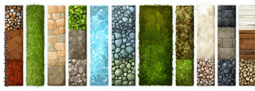 Uma composição abstrata de texturas naturais, incluindo grama, pedras, água e madeira, ideal para designs criativos e projetos de design.