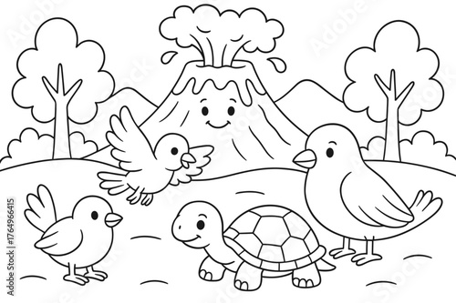 Animals and Smiling Volcano. Animals near volcanoes children?s coloring book illustration, outlined drawing, birds and a tortoise on safe ground with a distant