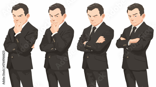 Conjunto de ilustrações vetoriais de um homem de negócios com expressões faciais diferentes e poses em um terno preto, ideal para projetos comerciais.