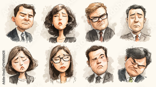 Conjunto de ilustrações em vetor de rostos de pessoas com expressões de tristeza e decepção em aquarela para projetos.