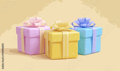 Três caixas de presentes coloridas com laços festivos sobre um fundo suave e claro.