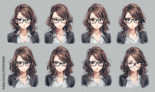 Conjunto de ilustrações vetoriais de uma mulher de negócios com diferentes expressões faciais e penteados.